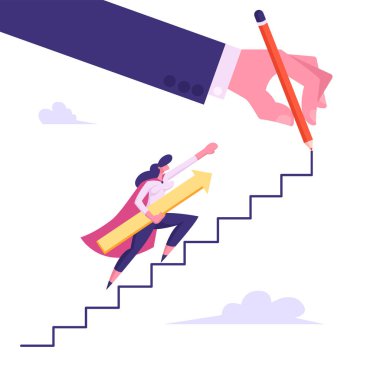 Büyük el, Iş başarı ve profesyonellik kavramı, karikatür düz vektör Illustration ile çizilmiş bulutlar arasında yukarı tırmanan kadın süper kahraman veya süper çalışan kız Holding ok alt kol