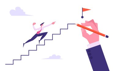 Progressive Işadamı karakter kırmızı bayrak ile el çizilmiş merdiven üstüne koşmak, Iş adam ulaşmak için yukarı tırmanmaya hedef, liderlik, başarı, meydan kavramı, karikatür düz vektör Illüstrasyon