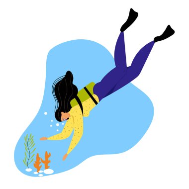 Mercanlar ile okyanus dibinde kadın karakter sualtı Diver, snorkel, Flippers ve maske ile kadın. Aktif rekreasyon, Vacational eğlence, kız eğlence aktivite. Karikatür daire vektör Illüstrasyon