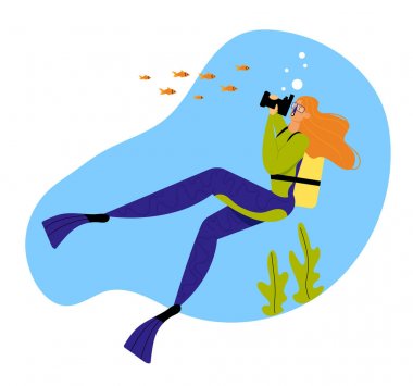 Kadın sualtı dalgıç okyanusta balık fotoğraf, snorkel ile kadın karakter, Flippers ve maske aktif rekreasyon, Vacational eğlence, kız eğlence aktivite. Karikatür daire vektör Illüstrasyon
