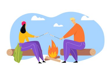 Yazlık kamp, erkek ve kadın karakterleri piknik üzerinde oturan genç çift harcama zaman Campfire rahatlatıcı, kızartma Marshmallow, Relax, açık SpareTime doğa karikatür düz vektör Illustration