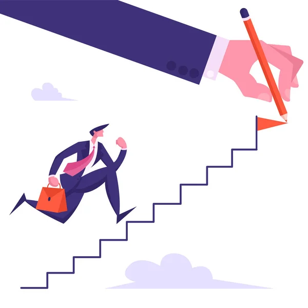 Επιχειρηματίας χαρακτήρας με το χαρτοφύλακα τρέχουν πάνω στο χέρι σκάλες, επιχείρηση άνθρωπος με στόχο την κορυφή σκάλας με την κόκκινη σημαία, ηγεσία, επιτυχία, ιδέα επιτεύγματος στόχου, κινούμενα σχέδια επίπεδη απεικόνιση — Διανυσματικό Αρχείο