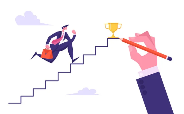 Uomo d'affari che punta alla cima della scala con coppa d'oro. Personaggio uomo d'affari con valigetta Scale disegnate a mano per raggiungere il successo. Leadership, Goal Achievement Cartoon Flat Vector Illustrazione — Vettoriale Stock