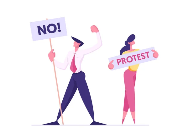 Protesting People with Placards on Demonstration, Male, Female Characters Holding Banners and Signs Against Presidental Election or Candidate Voting, Citizen Protest, Cartoon Flat Vector Illustration — Stock Vector