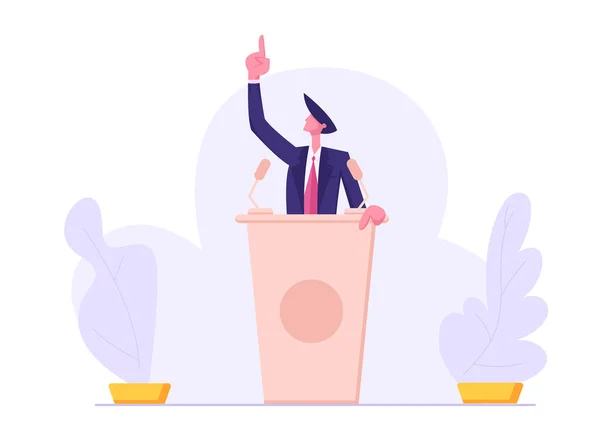 Élection présidentielle. Homme en costume debout derrière le podium avec des microphones parlant avec index pointant vers le haut. Discours du candidat, conférence, discussion politique. Illustration vectorielle plate de bande dessinée — Image vectorielle