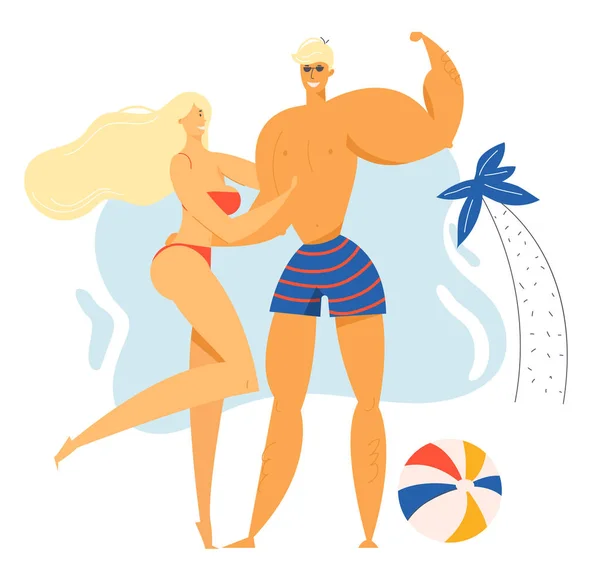 Męskie i żeńskie postacie spędzają czas na egzotycznym kurorcie plaża, Młoda seksowna dziewczyna w bikini i sportowy człowiek pozowanie na Seaside Background z Palm Tree i Ball, Leisure. Kreskówka płaski wektor ilustracja — Wektor stockowy