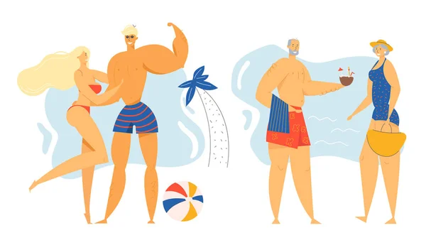 Personagens masculinos e femininos gastam tempo em conjunto de praia resort exótico, casais jovens e idosos amorosos no fundo do mar com palma e bola, lazer, amor, relações. Desenhos animados ilustração vetorial plana — Vetor de Stock