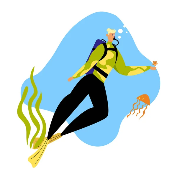 Homme plongeur en maillot de bain jouant avec des étoiles de mer et des méduses sous-marines,, Plongée avec tuba Profession de plongée. Caractère masculin dans les palmes, masque et ballon d'oxygène Illustration vectorielle plate de bande dessinée — Image vectorielle