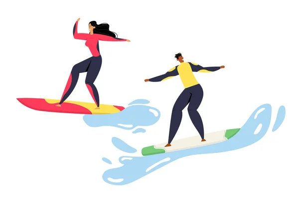 Competición de Surf, Hombre y Mujer en traje de baño a caballo tablas de surf por enormes olas del océano. Deportes en movimiento, Escaparatismo, Actividad deportiva de verano, Vida sana. Dibujos animados plana Vector Ilustración . — Vector de stock