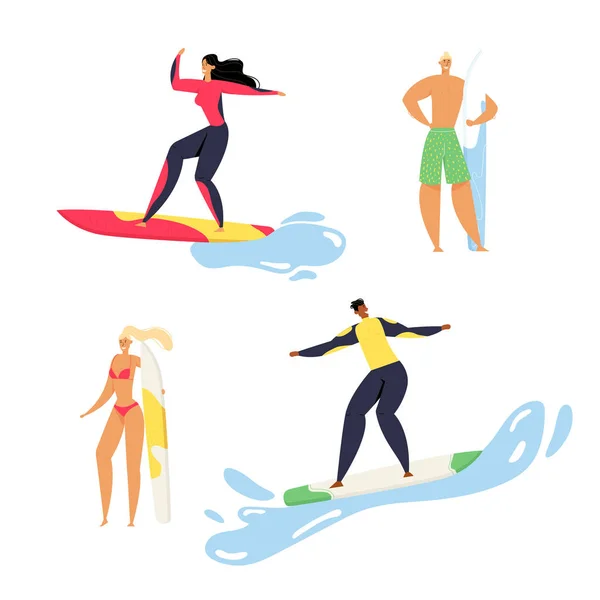 Szörfözés emberek set, fiatal férfiak, nők Sportswear lovaglás surf Board az óceán hullámai. Sportsman in Motion, sparetime, nyári sport tevékenység, egészséges életmód, szabadidő, rajzfilm lapos Vector illusztráció — Stock Vector