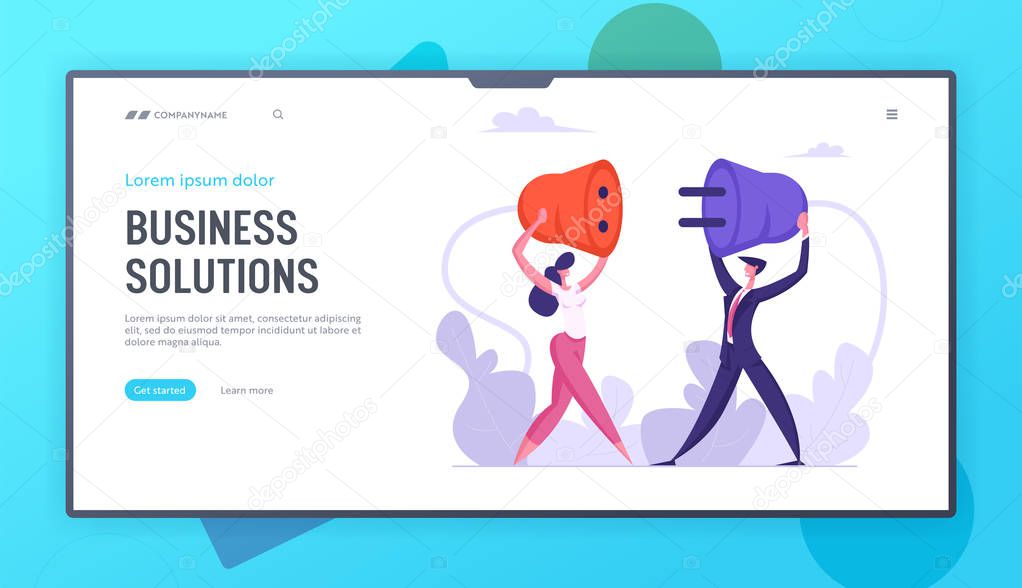 Business People Hold Plug in Hands. Man and Woman Connecting Power Socket. Teamwork Connection, Partnership Cooperation Concept Website Landing Page, Web Page. Cartoon Flat Vector Illustration, Banner