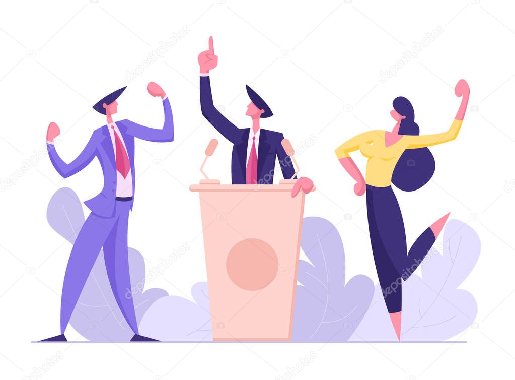 Political Debates, Pre-election Campaign Voting Process, Candidate Stand on Tribune for Promotion and Advertising Interview, Active Political Discussion, Debating, Cartoon Flat Vector Illustration