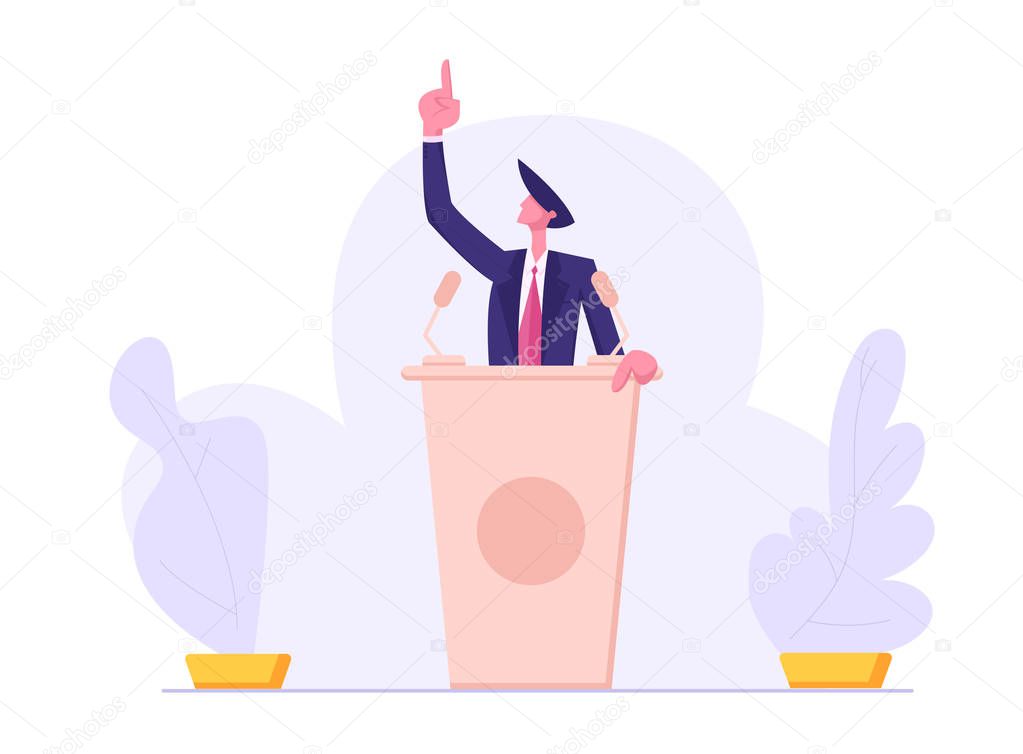 Presidential Election. Man in Suit Standing Behind of Podium with Microphones Speaking with Index Finger Pointing Up. Candidate Speech, Lecture, Political Discussion. Cartoon Flat Vector Illustration