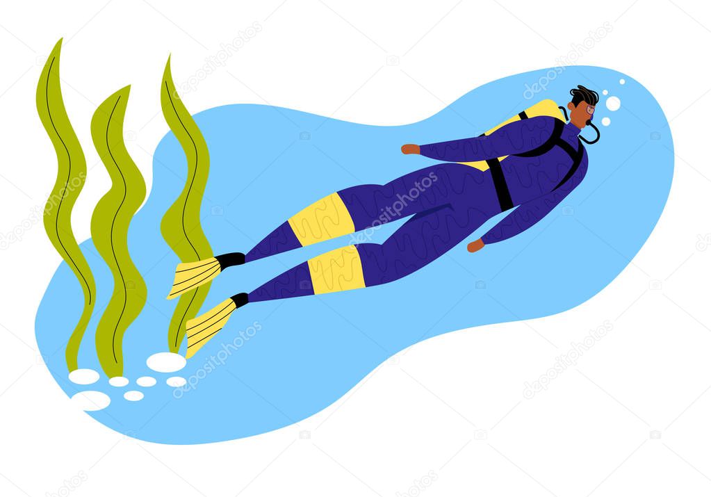 Man Scuba Diver in Swimming Suit, Flippers and Mask on Underwater Background with Seaweed, Snorkeling Diving Profession. Full Length Male Character Water Sport, Hobby, Cartoon Flat Vector Illustration