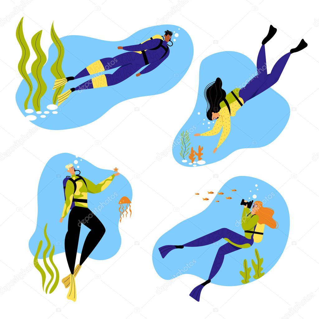 Snorkeling Male and Female Characters Underwater Fun Activities, Hobby, Swimming, Photographing, Scuba Diving, Spear Fishing Equipment Mask, Tube, Flippers, Swim Suit. Cartoon Flat Vector Illustration