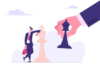 İş Stratejisi. Stratejist Tutun Elinde Satranç Figürü Siyah Kral Eğimli Beyaz Kral Parçası. Savaşta zafer. Başarı kazanmak. İş Konseptinde Checkmate veya Loss. Karikatür Düz Vektör İllüstrasyon