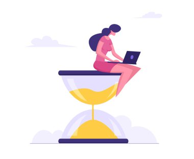 İş kadını Elinde Laptop ile Kum Saatinde Oturuyor. İş Süreci Kavramı, Zaman Yönetimi, Erteleme, Çoklu Görev, Çalışma Verimlilik Bilgi Grafikleri. Karikatür Düz Vektör İllüstrasyon