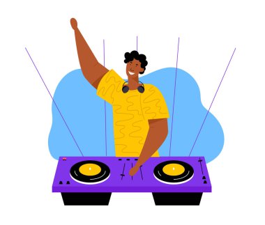Night Club Disco Party'de Sarı Gömlekli Mutlu Afro Dj Erkek Karakter Eğlence, Gençlik, Eğlence ve Fest Konsepti. Karikatür Düz Vektör İllüstrasyon