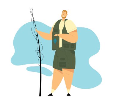 Balıkçı Karakter Elinde Çubuk Tutan O Yakaladı Balık gösteren. Balıkçılık, Rahatlatıcı Summertime Hobi, Fishman İyi Catch var. Yaz Saati Boş Zaman, Aktif Harcama Zaman. Karikatür Düz Vektör İllüstrasyon