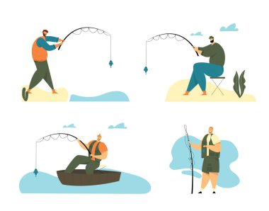 Adam Balıkçılık Hobi Seti. Balıkçı Tekne oturan ve Rod Catching Balık ile Sahilde Stand, Rahatlatıcı Summertime Hobi, Fishman Tatil, Harcama Zaman, Eğlence, Relax. Karikatür Düz Vektör İllüstrasyon