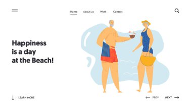 Seaside Web Sitesi Açılış Sayfasında Kıdemli İnsanlar Çift, Egzotik Resort Beach Yaşlı Karakterler, Eğlence, Yaz Tatili, Emeklilik İnsanlar Relax Web Sayfası. Karikatür Düz Vektör İllüstrasyon, Afiş