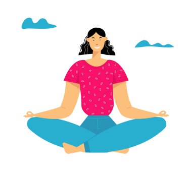 Lotus Pozu 'nda Kadın Meditasyonu, Açık hava Yogası, Sağlıklı Yaşam Tarzı, Rahatlama Duygusal Dengesi, Yaz Tatili, Doğayla Uyum, Yaz Hayatı, Pozitif Ruh hali. Çizgi film Düz Vektör İllüstrasyonu
