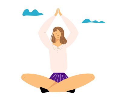 Lotus Duruşu 'nda Elleri Kalkık Oturan Kadın Meditasyonu. Açık hava Yogası, Sağlıklı Yaşam Tarzı, Hayatın Rahatlama Duygusal Dengesi, Yaz Tatili, Doğayla Uyum. Çizgi film Düz Vektör İllüstrasyonu