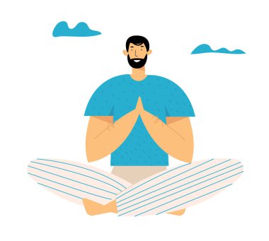 Lotus Poz Yoga Meditasyon Açık Pratik Man Daha Az Stres için. Sağlıklı Yaşam Tarzı, Gevşeme Duygusal Denge, Fitness, Doğa ile Uyum, Summertime Yaşam. Karikatür Düz Vektör İllüstrasyon