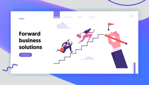 Οι επιχειρηματίες τρέχουν πάνω από την σκάλα στην κόκκινη σημαία. Διαγωνισμός επιχειρηματιών. Άνθρωπος και γυναίκα χαρακτήρες επιτυχία ιστοσελίδα θέση προορισμού, ιστοσελίδα. Κινούμενα σχέδια επίπεδη απεικόνιση, πανό — Διανυσματικό Αρχείο