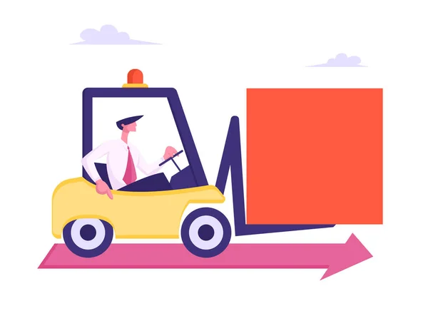 Business man karakter rijden vorkheftruck loader met enorme vierkante figuur rijden langs rode pijl op de vloer. Business Challenge, concurrentie metafoor, Task Solution, cartoon platte vector illustratie — Stockvector