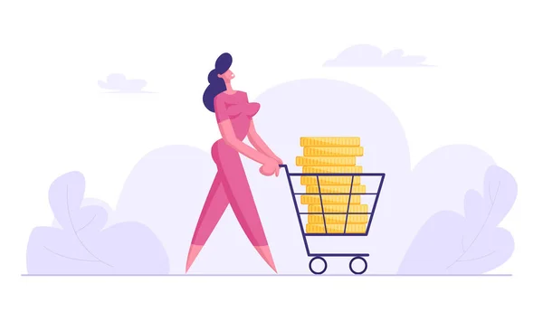 Gelukkige zakenvrouw push shopping trolley met grote gouden stapel van dollar munten binnen, belasting en lening betaling, belasting concept, rijkdom, financieel succes, budget inkomen, cartoon platte vector illustratie — Stockvector