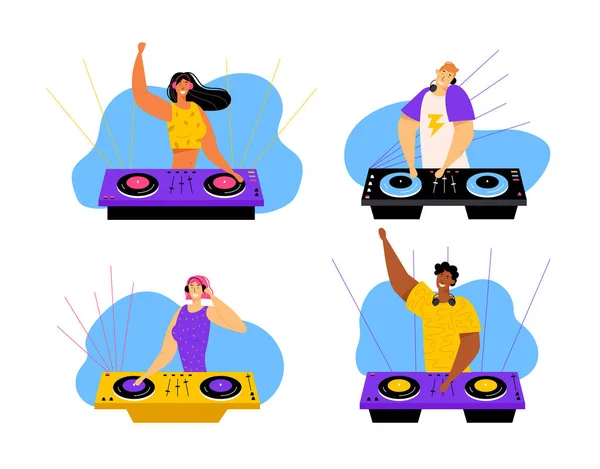 Щасливий DJ чоловічий і жіночий символи безліч. Чоловіки і жінки з навушниками грають і змішування музики на нічному клубі диско-паті. Концепція веселощів, молоді, розваг та Fest. Мультфільм плоский Векторна ілюстрація — стоковий вектор