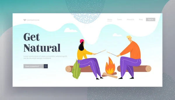 Young Couple Time on Picnic in Summer Camping, Man and Woman Characters Sitting near Campfire Relaxing, Frying Marshmallow Website Cartoon Flat Vector Illustration, Banner — стоковий вектор
