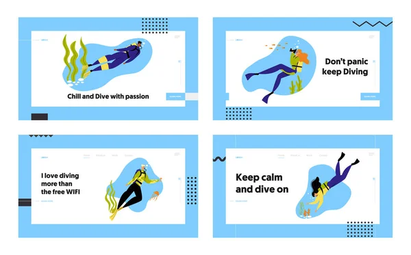 Snorkeling karakter víz alatti Fun tevékenységek weboldal céloldal beállítása, hobbi, úszás, fényképezés, búvárkodás a lándzsa halászati berendezések Web Page. Cartoon Flat vektoros illusztráció, banner — Stock Vector