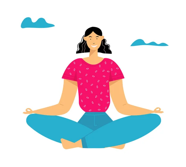 Woman Mediting in Lotus Pose, Outdoors Yoga, Healthy Lifestyle, Relaxation Emotional Balance, Summer Vacation, Harmony with Nature, Summertime Life, Positive Mood. Εικονογράφηση επίπεδου διανύσματος κινουμένων σχεδίων — Διανυσματικό Αρχείο