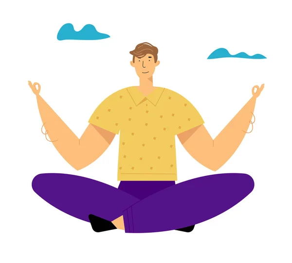 Homem meditando ao ar livre fazendo Yoga Asana em Lotus Pose. Estilo de vida saudável, Equilíbrio emocional de relaxamento, Férias de verão, Lazer, Harmonia da vida, Tempo livre na natureza. Desenhos animados ilustração vetorial plana —  Vetores de Stock