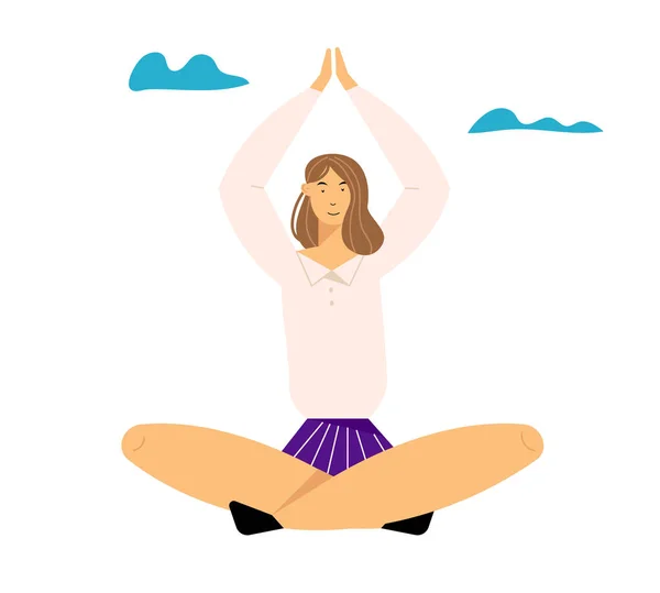 Vrouw die mediteert zittend in Lotushouding met handen omhoog. Outdoor Yoga, Gezonde Lifestyle, Ontspanning Emotionele balans in het leven, Zomervakantie, Harmonie met de Natuur. Cartoon Flat Vector Illustratie — Stockvector