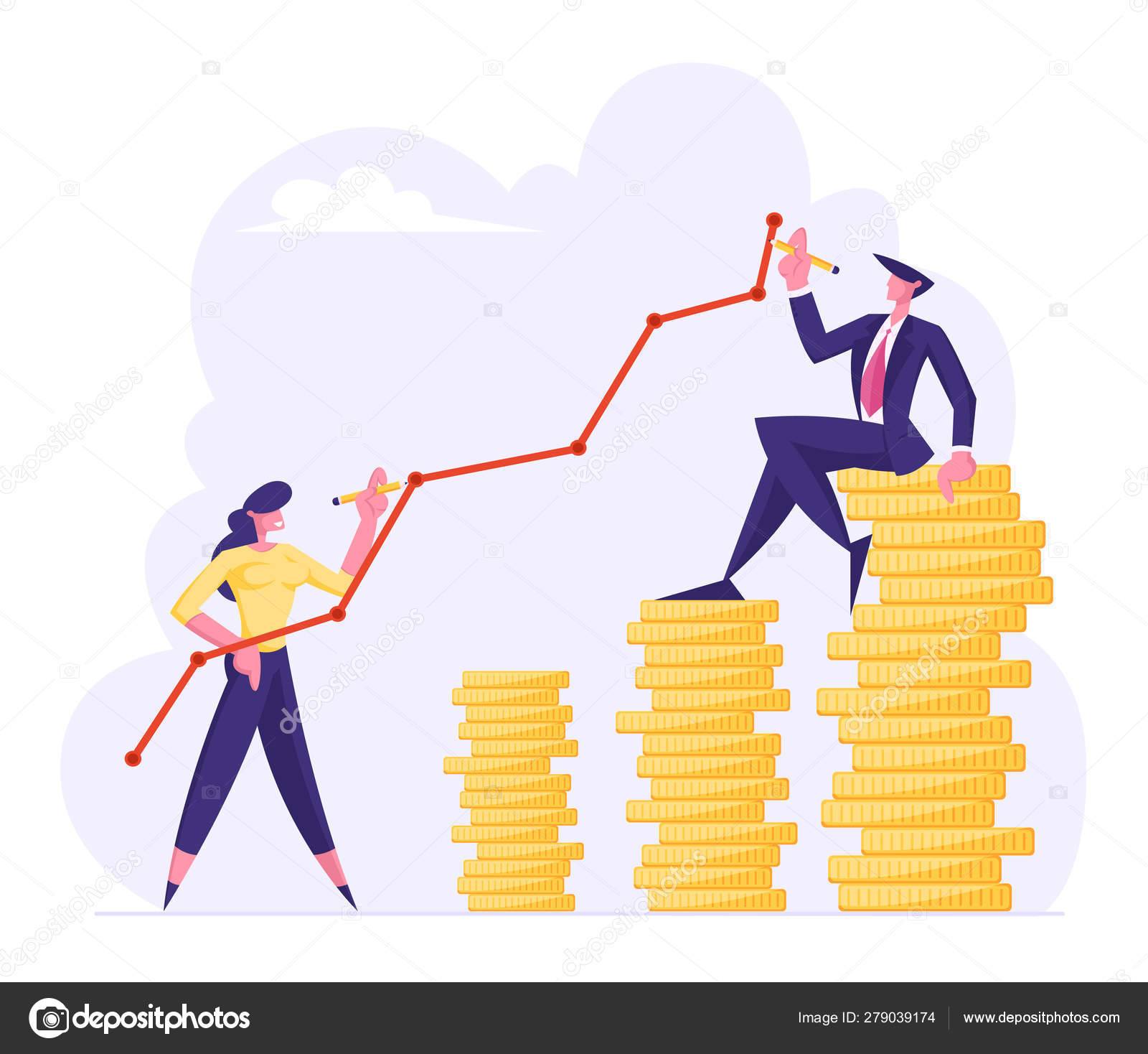 금융 성공, 돈 부 성장 개념, 비즈니스 사람들은 골든 코인 스택 위의 깨진 곡선선을 그립니다. 성장 금융 이익 다이어그램, 투자,  소득. 만화 플랫 벡터 일러스트 스톡 벡터 - ©lemono 279039174