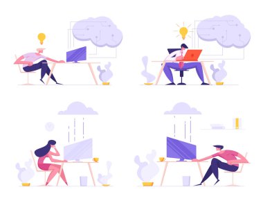 İş Adamları, İş ve İletişim için Bulut Sistemini Kullanan Freelancerler. Online Bulut Depolama Karikatür Düz Vektör İllüstrasyon ile Ofis ve Ev Transferi Bilgi Dizüstü Bilgisayarlar Üzerinde Çalışan Karakterler