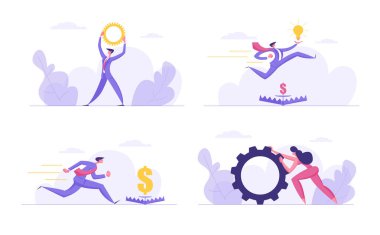 Başarılı Takım Ruhu Hırslı, Finans İş Konsepti Seti. Dişliler ile İnsanlar Karakterler, Parlayan Ampuller, Para Hedef Tuzak, Yaratıcı Fikir, Finansal Tehlikeler, Karikatür Düz Vektör İllüstrasyon