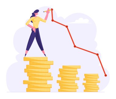 İş Kadını Altın Sikke Yığını Çizim Büyüyen Eğri Çizgi Üstüne Standı. Finans Başarı, Para Servet Kavramı, Büyüme Finansal Kar Diyagramı, Yatırım, Gelir Karikatür Düz Vektör İllüstrasyon