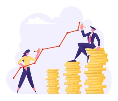 Finans Başarı, Para Servet Büyüyen Kavramı, İş Adamları Altın Sikke Yığınları üzerinde Kırık Eğri Çizgi Çizim. Büyüme Finansal Kar Diyagramı, Yatırım, Gelir. Karikatür Düz Vektör İllüstrasyon