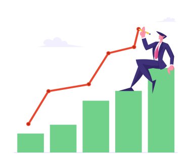 Büyüyen Sütun Grafiği Çizim Eğrisi Hattı'nın Üstünde Oturan Genç İş Adamı. İşadamı Çalışma Büyüme Veri Analizi Ok Grafiği, Finansal Kar İstatistik Diyagramı. Karikatür Düz Vektör İllüstrasyon