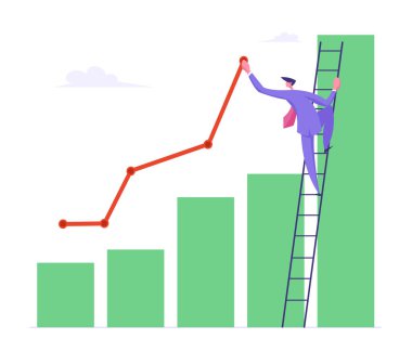 İş Adamı Standı Merdiven Yalın Sütun Grafik Boya Büyüyen Eğri Hattı. İşadamı Çalışma Büyüme Veri Analizi Ok Grafiği, Finansal Kar İstatistik Diyagramı. Karikatür Düz Vektör İllüstrasyon