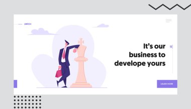 Kendine Güvenen İşadamı Beyaz Satranç Kral Rakam Yaslanmış. İş Başarısı, Liderlik Metaforu, Stratejik Düşünme. Web Sitesi Açılış Sayfası, Web Sayfası. Karikatür Düz Vektör İllüstrasyon, Afiş