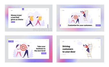 Yöneticiler Office İnsanlar Lifestyle, Web Sitesi Açılış Sayfa Seti, İş İnsanlar Hedef Vur, Para Yığınları Taşıma, Megafon tarafından Duyuru yapma. Web Sayfası, Karikatür Düz Vektör İllüstrasyon, Banner