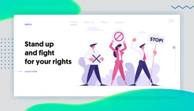 Grev veya Gösteri, Afiş ve Seçim veya Aday Oylama, Protesto, Web Sitesi Açılış Sayfası, Web Sayfası Karşı Pankartlar ile Protesto İnsanlar Protesto. Karikatür Düz Vektör İllüstrasyon, Afiş