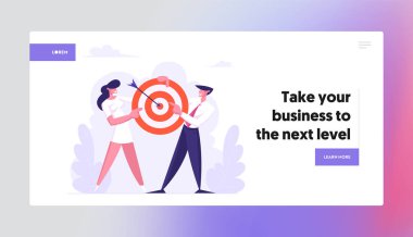 İş Adamı ve Kadın Takım Merkezde Ok ile Hedef Tutun, İş Hedefleri Başarı, Amaç, Misyon, Fırsat, Challenge Web Sitesi Açılış Sayfası, Web Sayfası. Karikatür Düz Vektör İllüstrasyon, Afiş