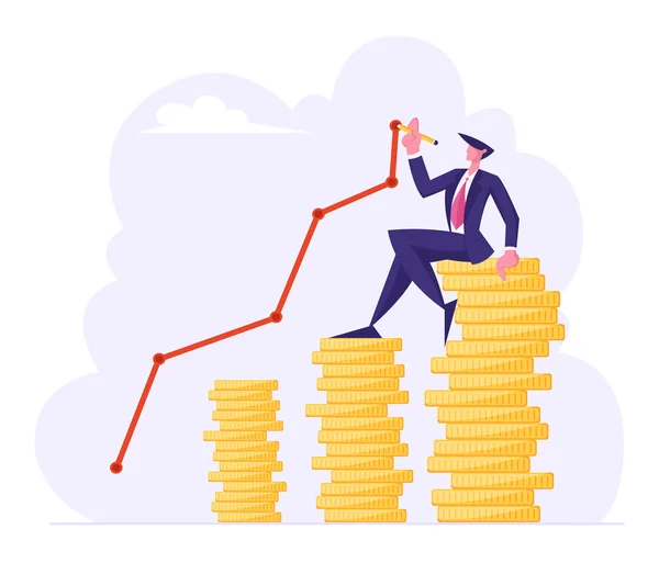 Finance úspěch, koncept peněžního bohatství, obchodní muž sedící na zlaté mincovní skládce rostoucí čára křivky. Diagram finančního zisku z růstu, investice, výnos kreslený plochý vektor ilustrace — Stockový vektor