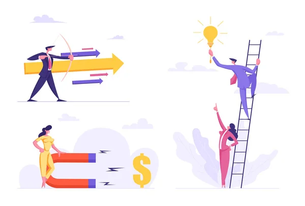 Éxito Empresarial, Liderazgo, Conjunto de Conceptos de Logro de Metas, Empresario con Flecha, Mujer Atrayendo Dinero con Imán, Personas Escalando Escaleras para Alcanzar Idea Creativa. Dibujos animados plana Vector Ilustración — Vector de stock